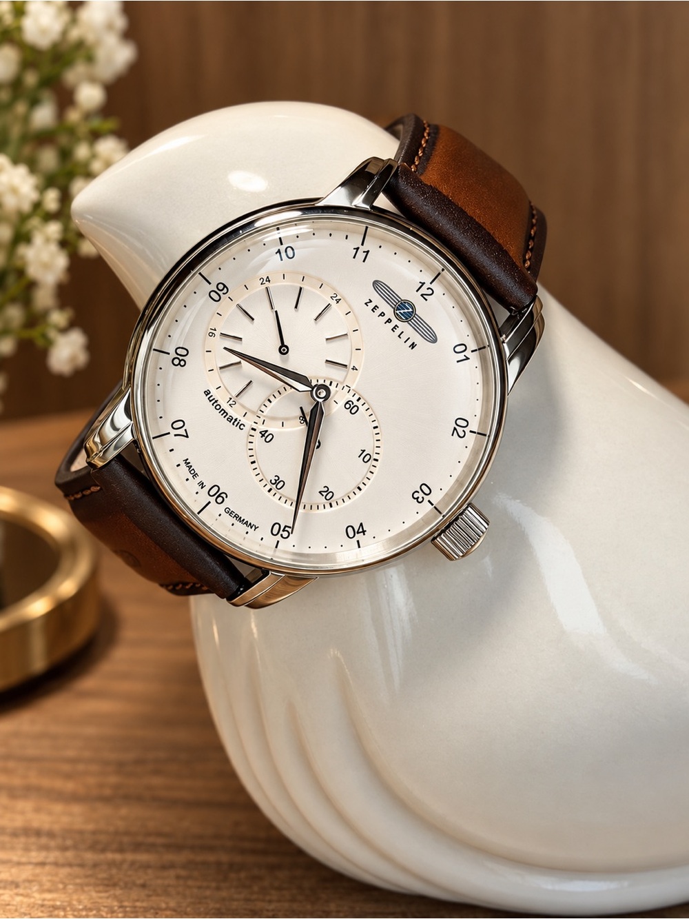 Brown Leather Watch with Silver Case and Cream Dial